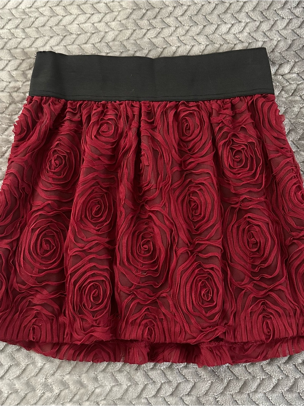 Stooshy Burgundy Rosette Mini Skirt with Black Waistband